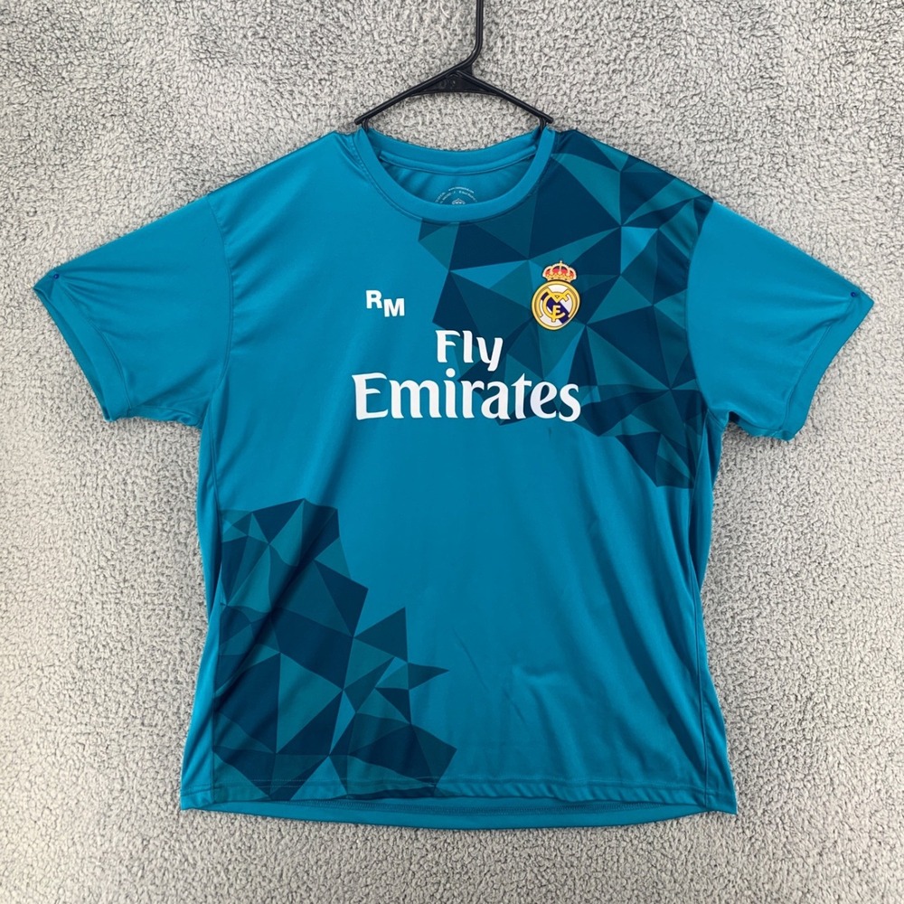 Real Madrid CF Fly Emirates Teal Blue Soccer‎ Jersey Men XXL